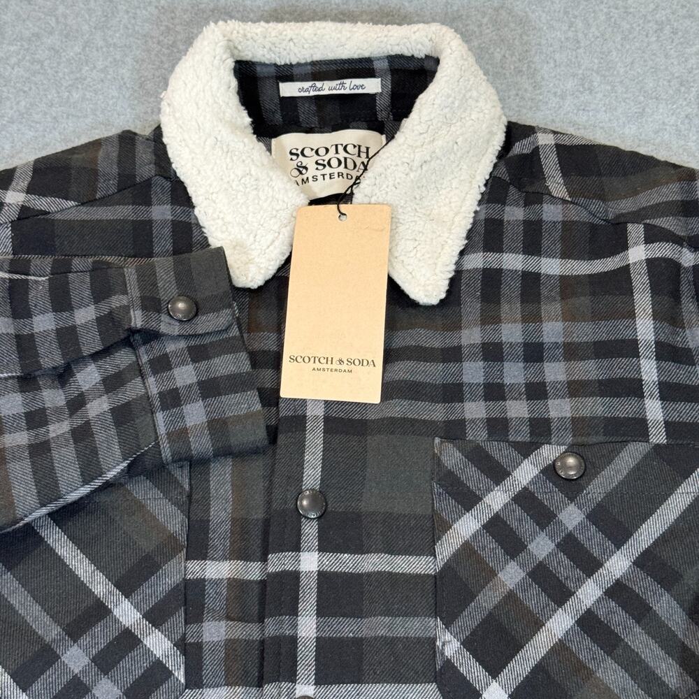 Scotch & Soda Sherpa Lined Plaid Flannel Jacket Gray Men's Small Snaps NWT